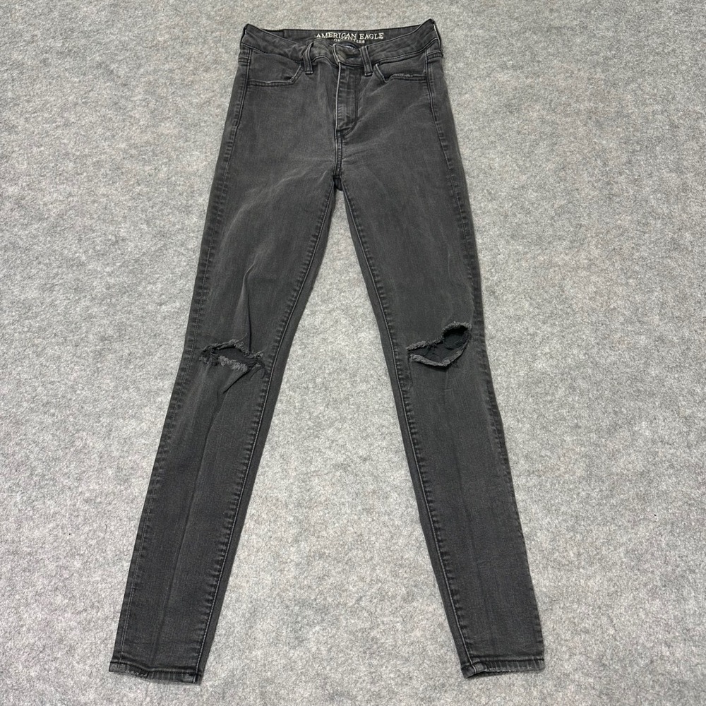 American Eagle Super Stretch Skinny Jeans Women 4 Black Distressed Knee Denim